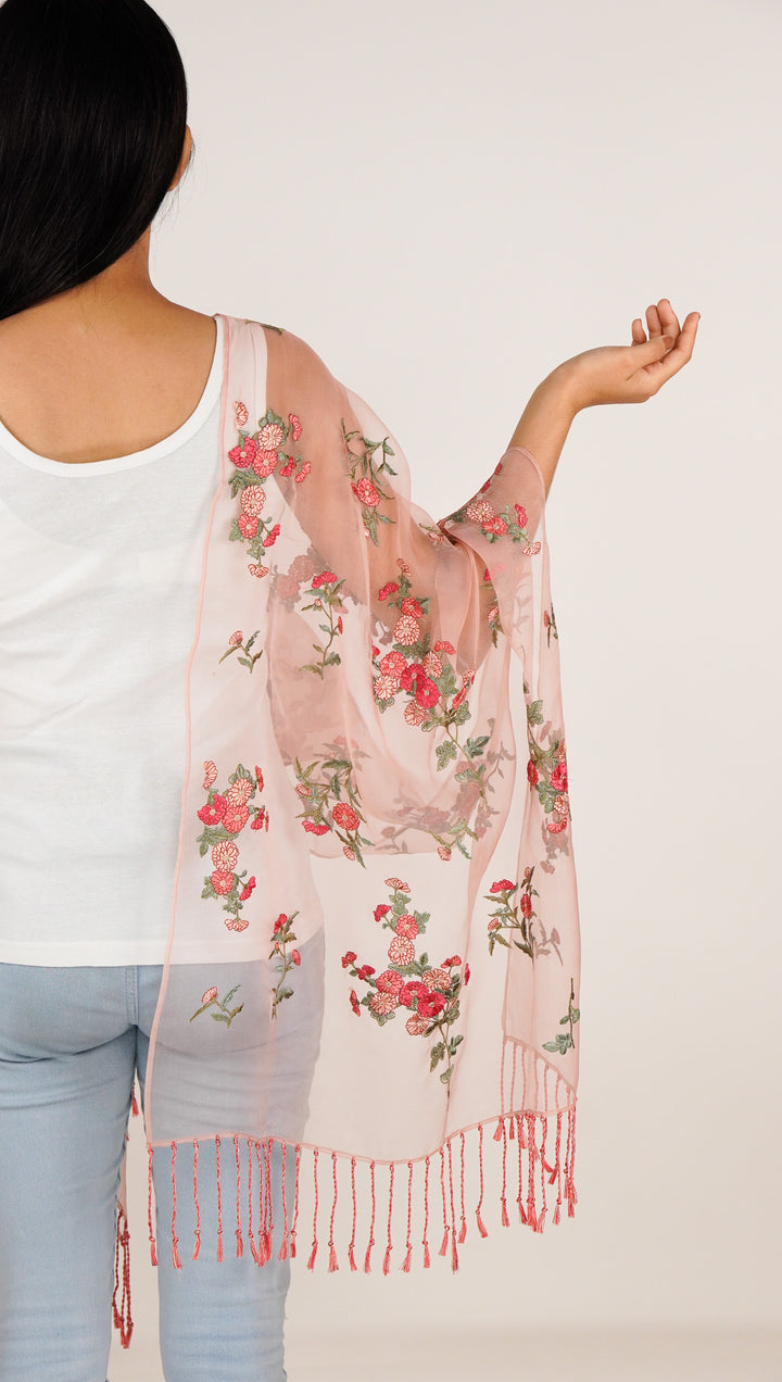 Daisy Embroidered Stole on Light Peach Silk Organza