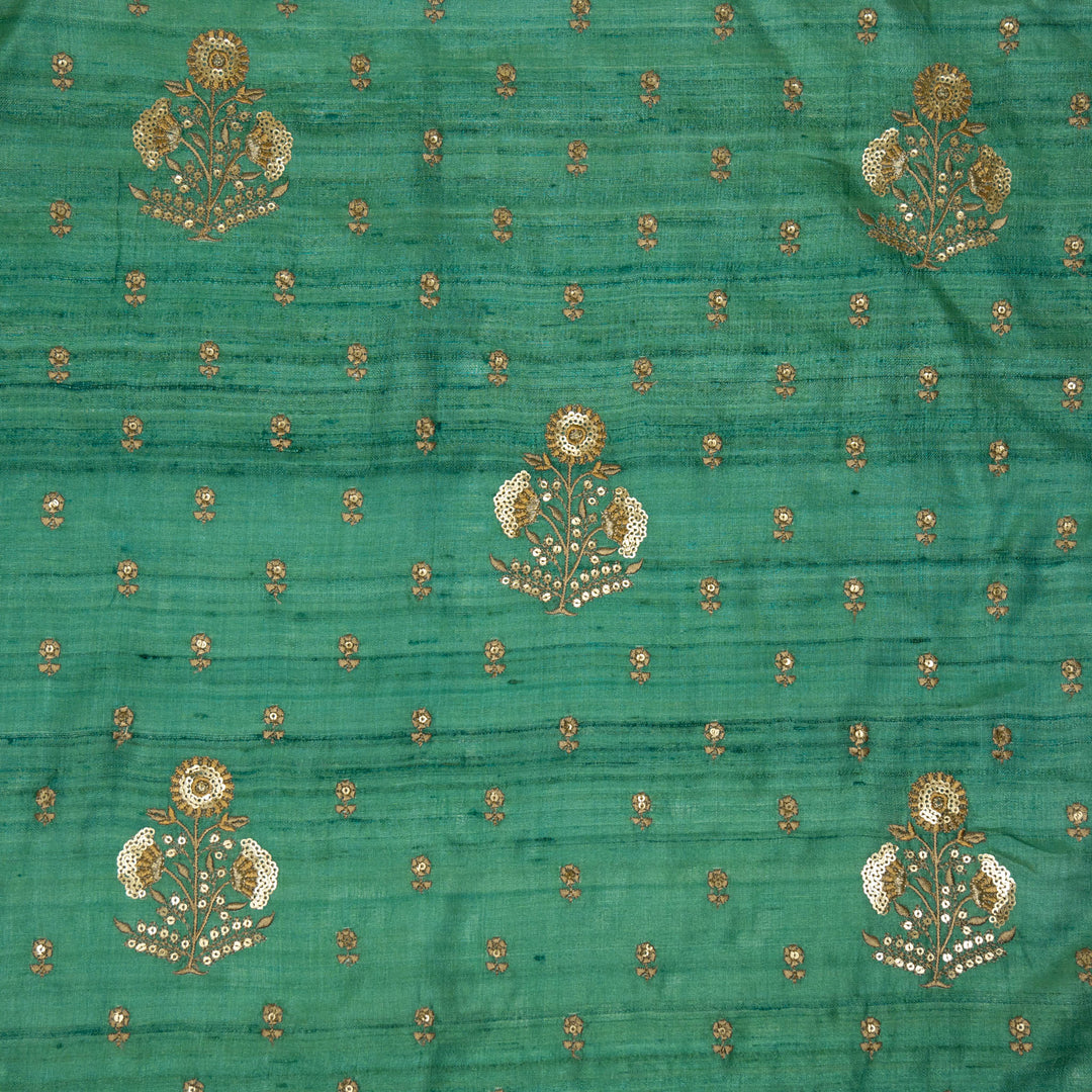 Teal Tussar Silk Lina Mix Buta Embroidered Fabric