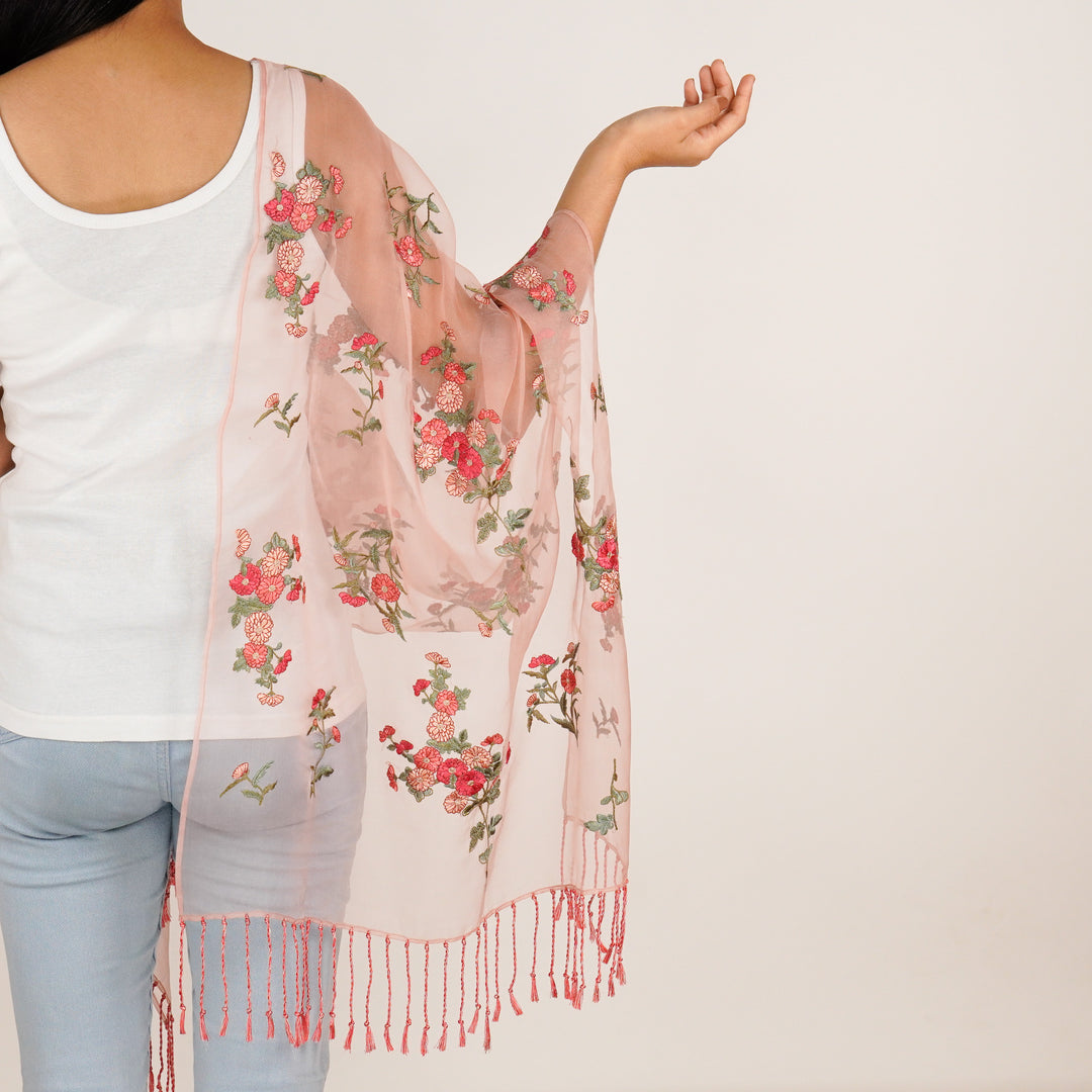 Daisy Embroidered Stole on Light Peach Silk Organza