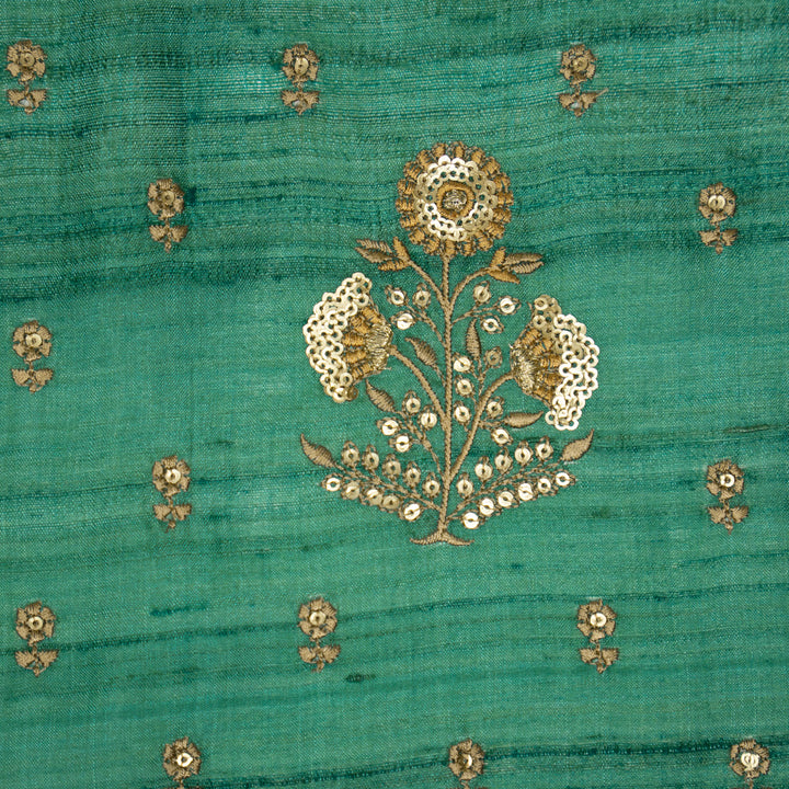 Teal Tussar Silk Lina Mix Buta Embroidered Fabric