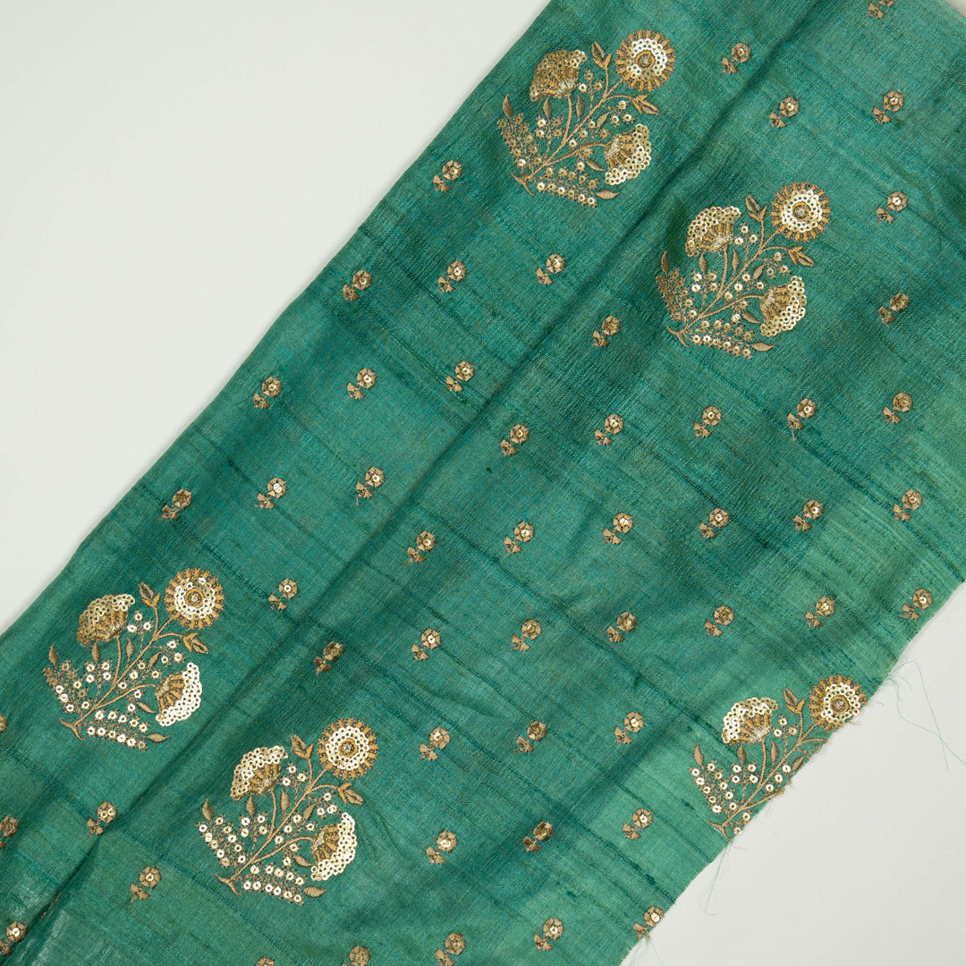 Teal Tussar Silk Lina Mix Buta Embroidered Fabric