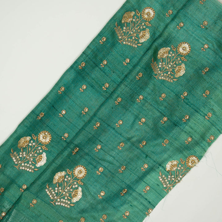 Teal Tussar Silk Lina Mix Buta Embroidered Fabric