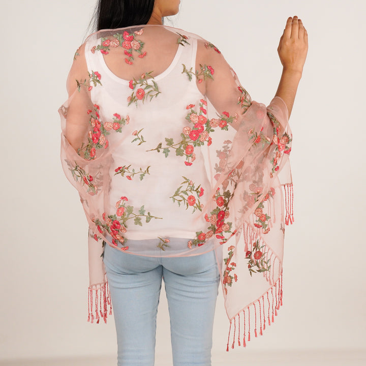 Daisy Embroidered Stole on Light Peach Silk Organza