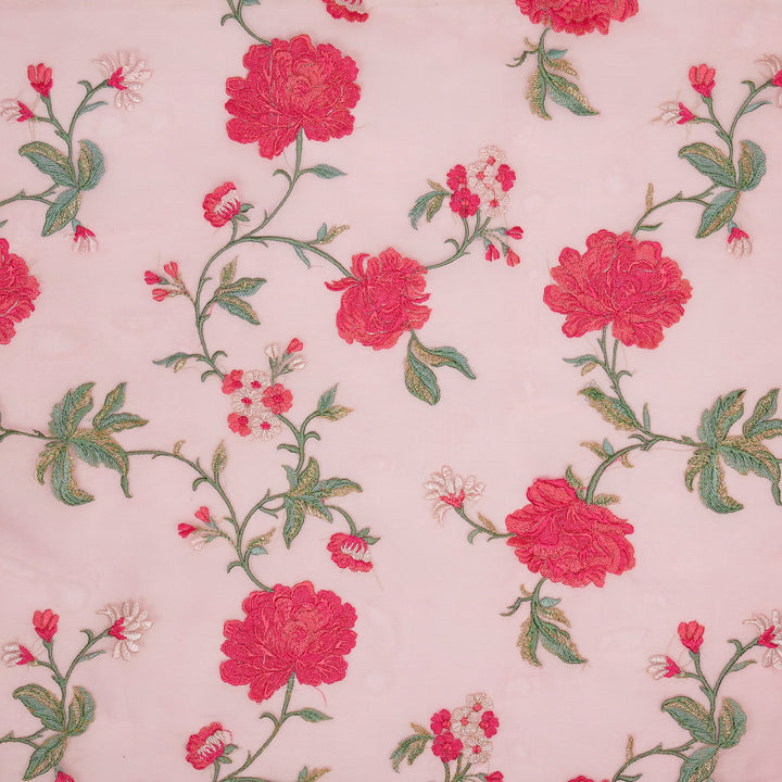 Jamila Floral Jaal on Pink Silk Organza Embroidered Fabric
