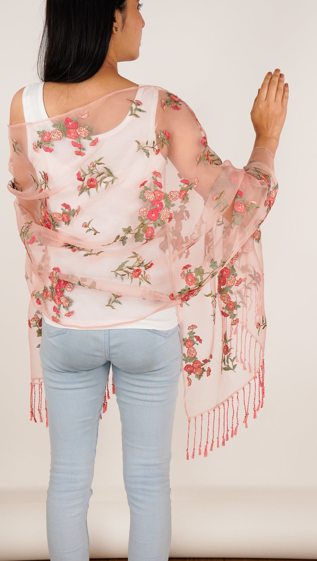 Daisy Embroidered Stole on Light Peach Silk Organza