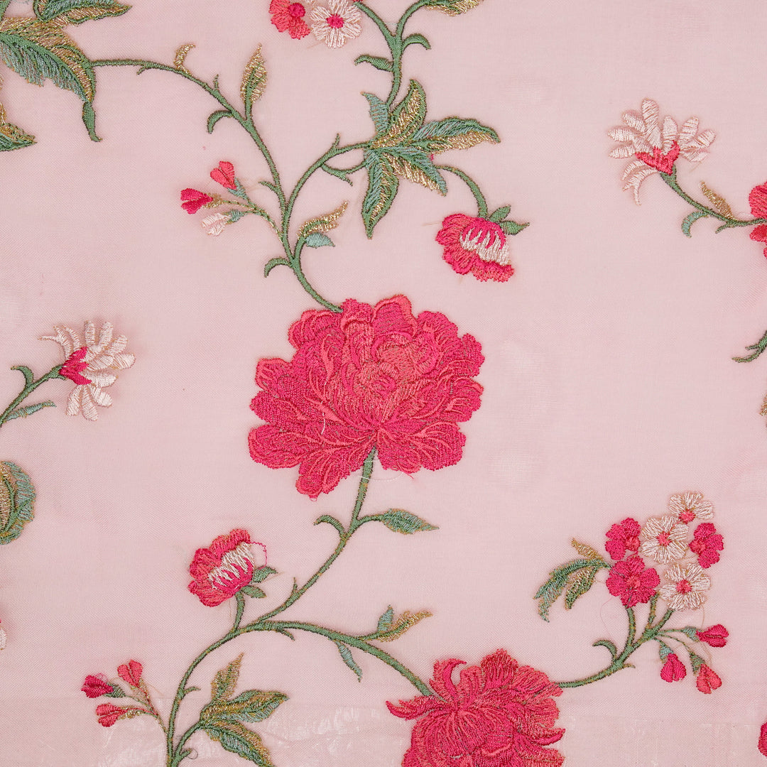 Jamila Floral Jaal on Pink Silk Organza Embroidered Fabric