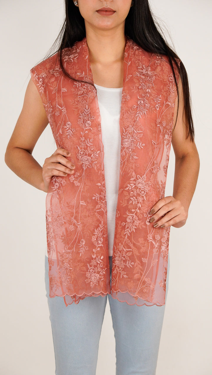 Isabella Embroidered Stole on Rust Silk Organza