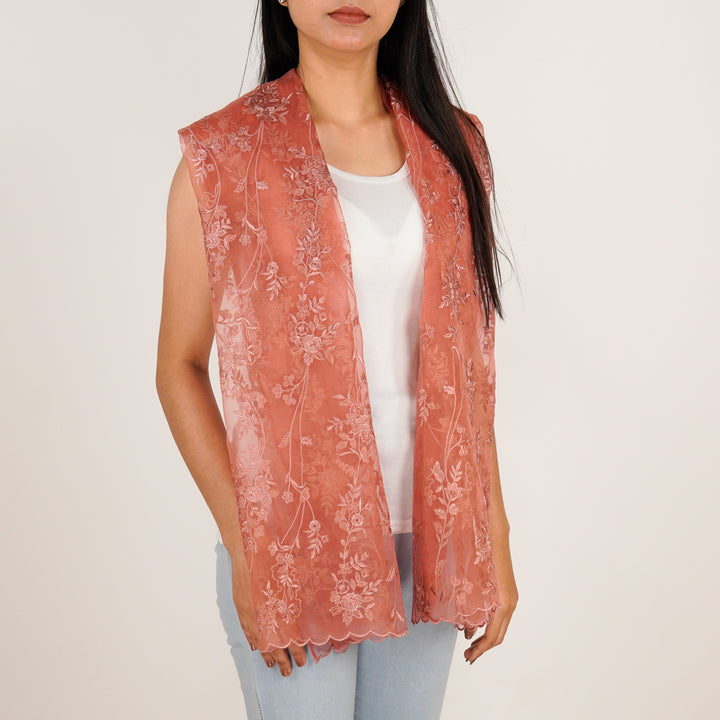 Isabella Embroidered Stole on Rust Silk Organza