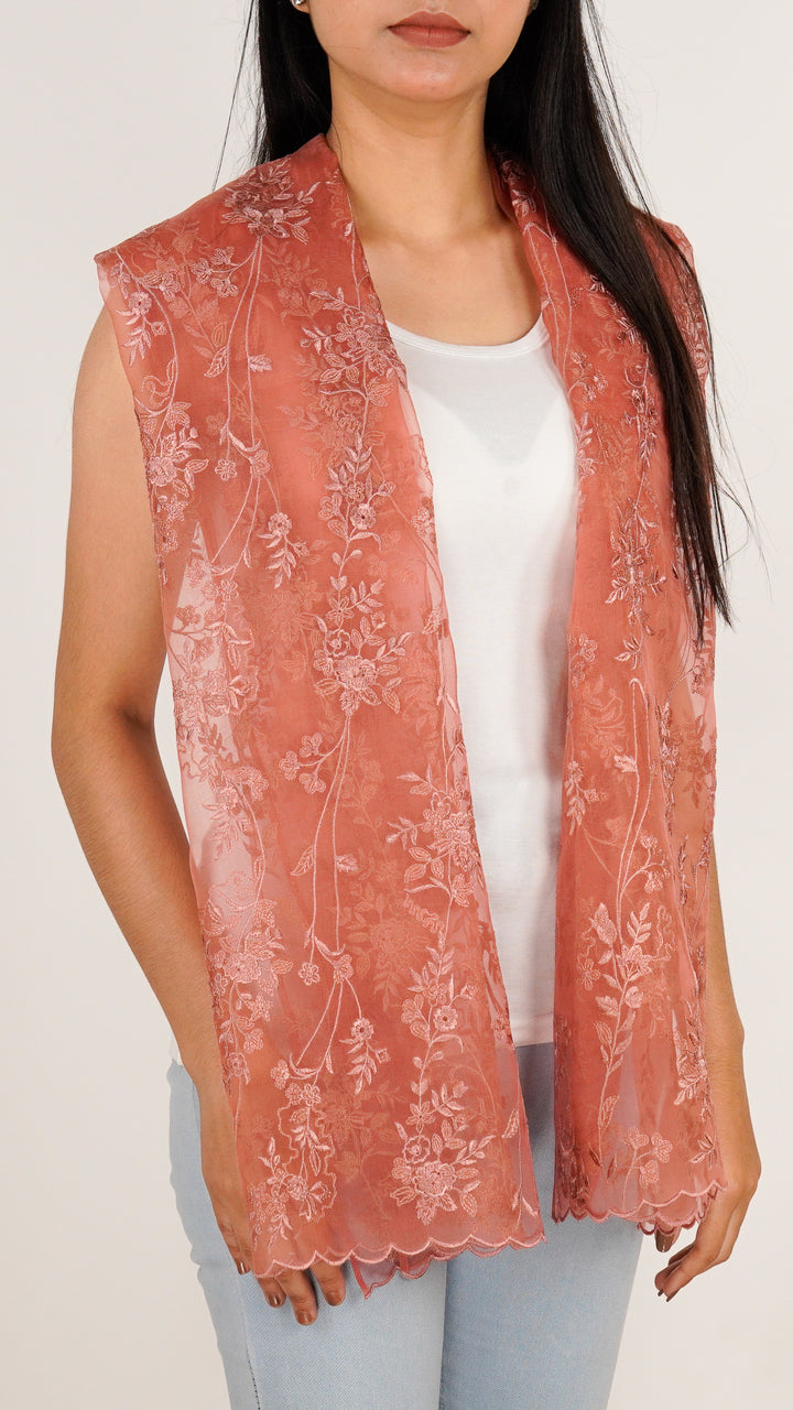 Isabella Embroidered Stole on Rust Silk Organza