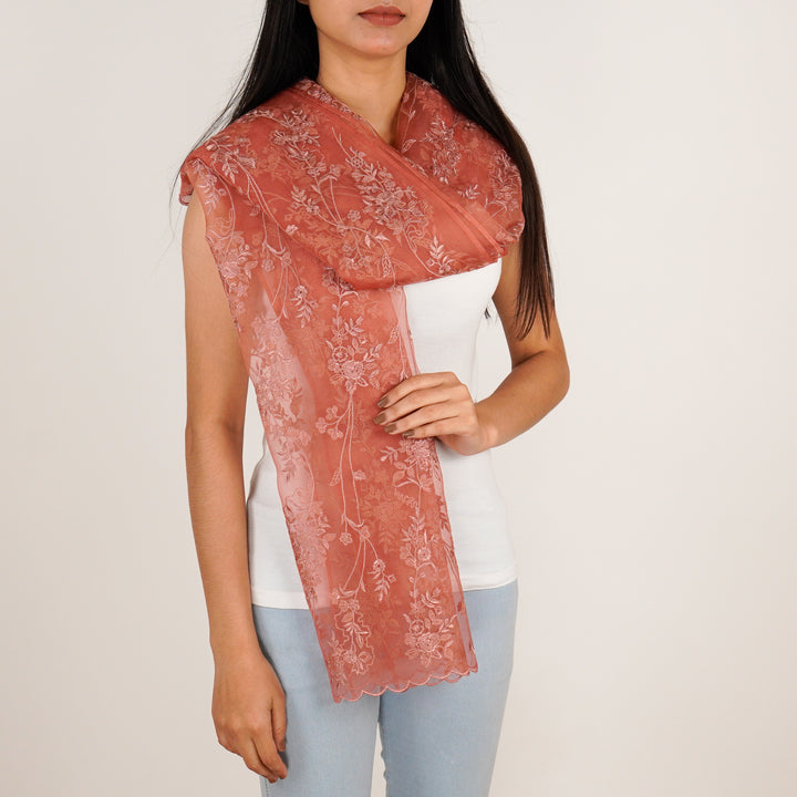 Isabella Embroidered Stole on Rust Silk Organza