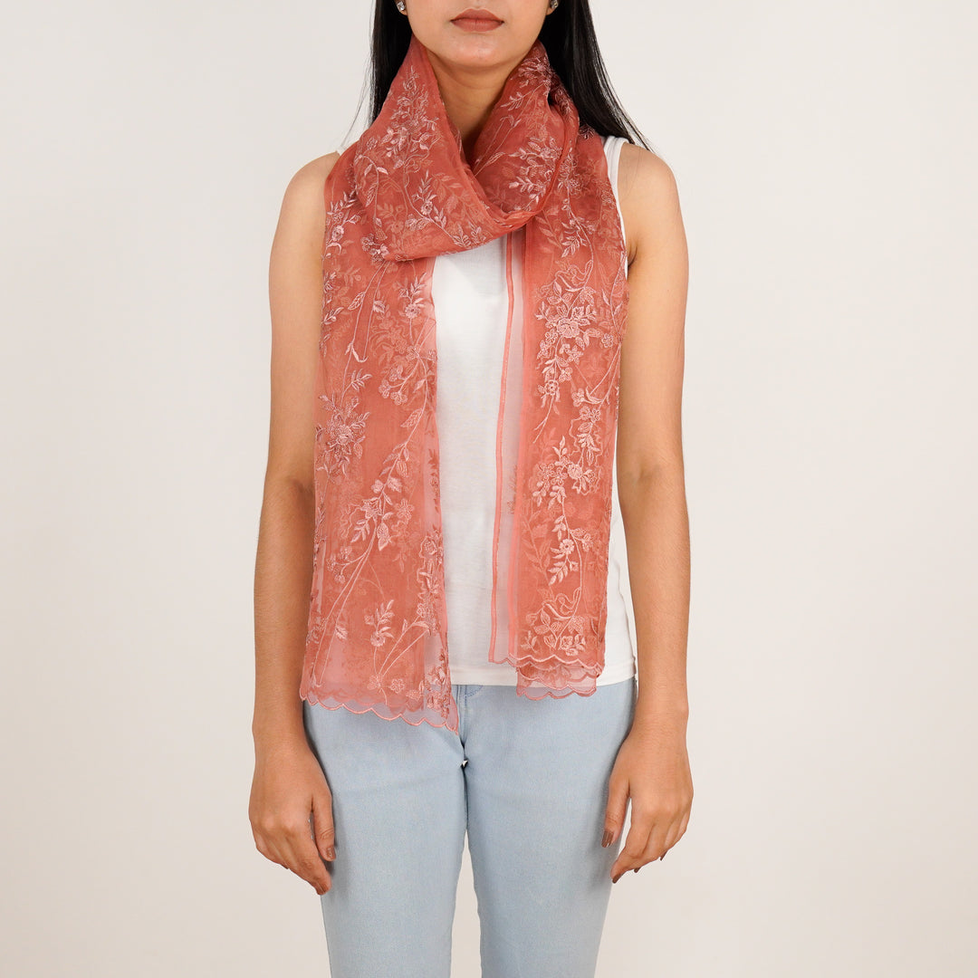 Isabella Embroidered Stole on Rust Silk Organza