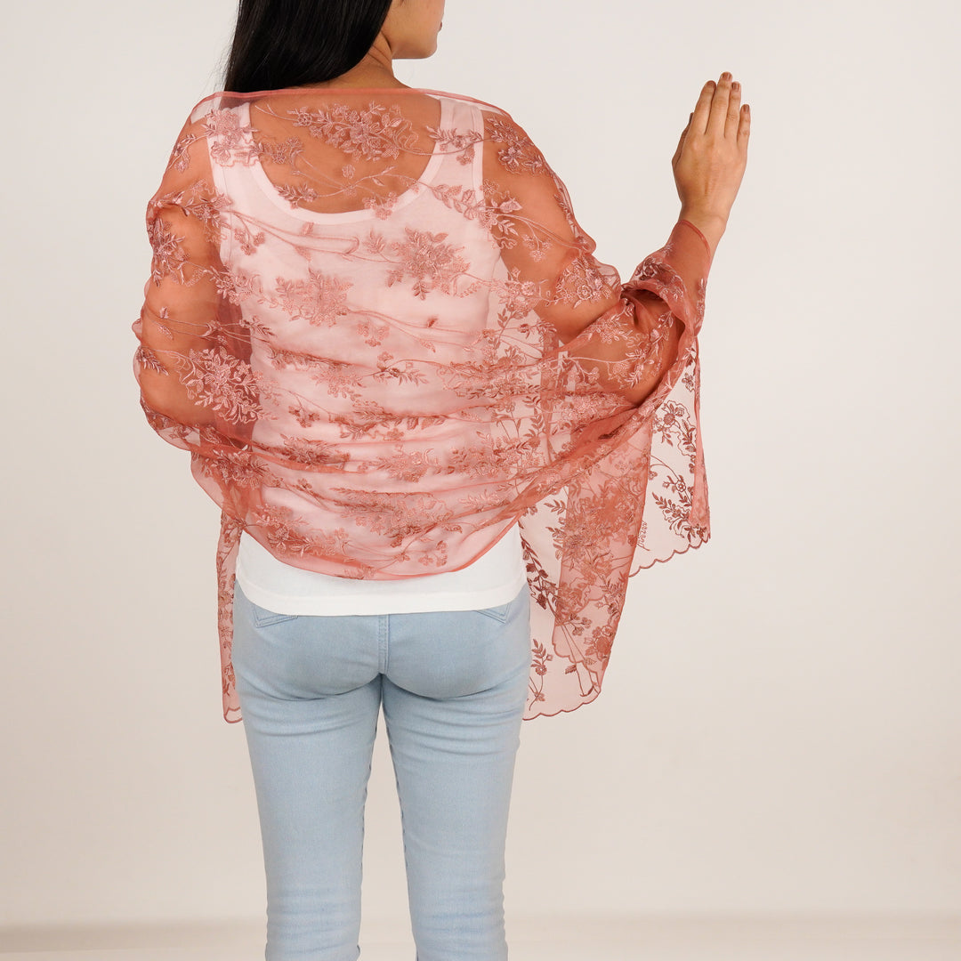 Isabella Embroidered Stole on Rust Silk Organza