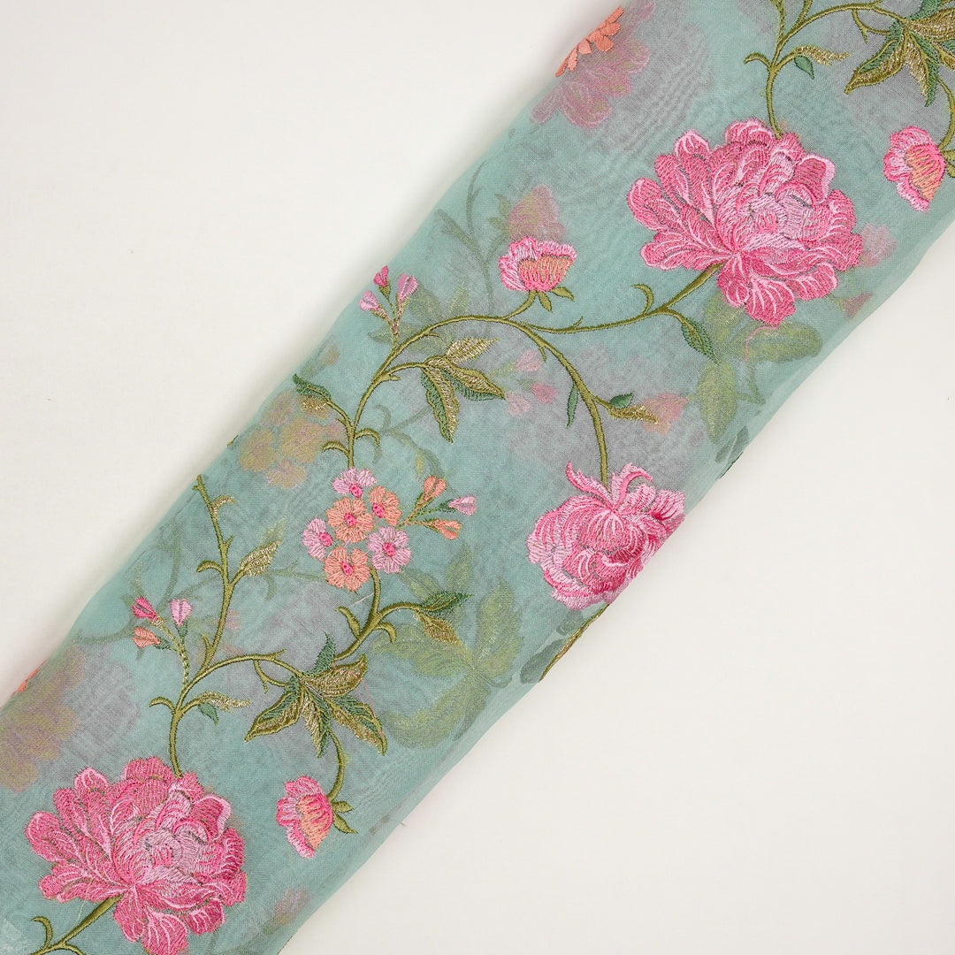 Jamila Floral Jaal on Aqua Silk Organza Embroidered Fabric