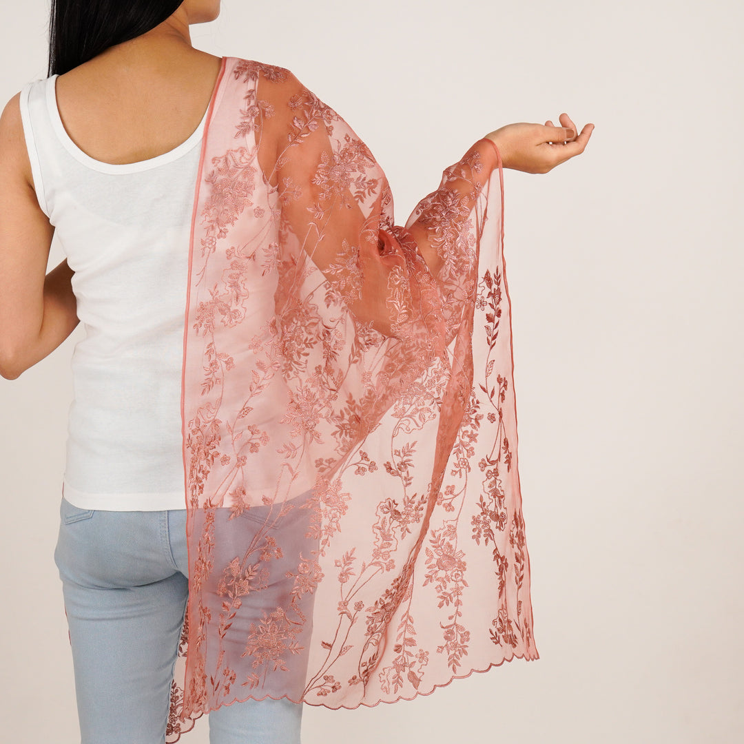 Isabella Embroidered Stole on Rust Silk Organza