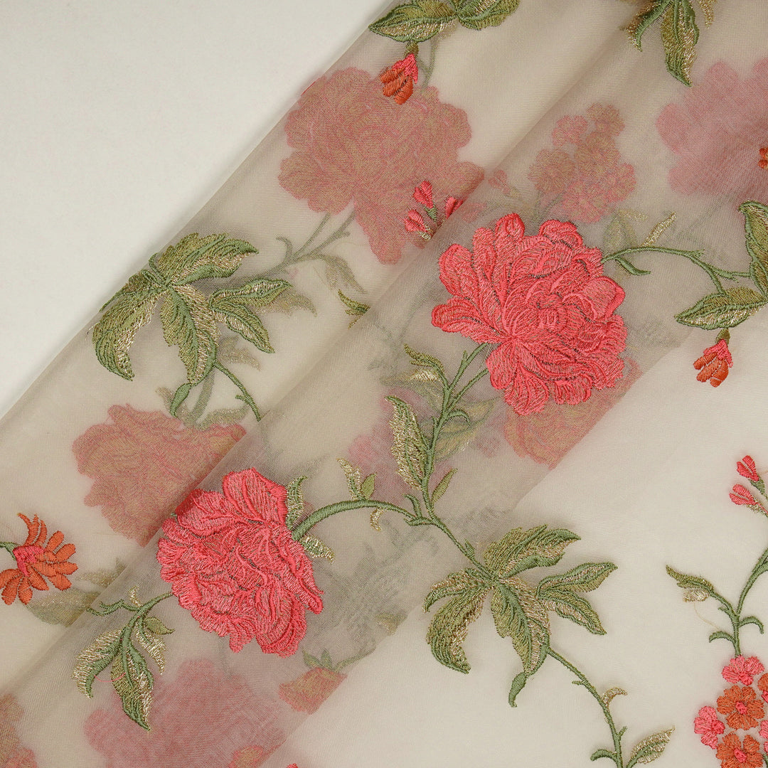 Jamila Floral Jaal on Ecru Silk Organza Embroidered Fabric