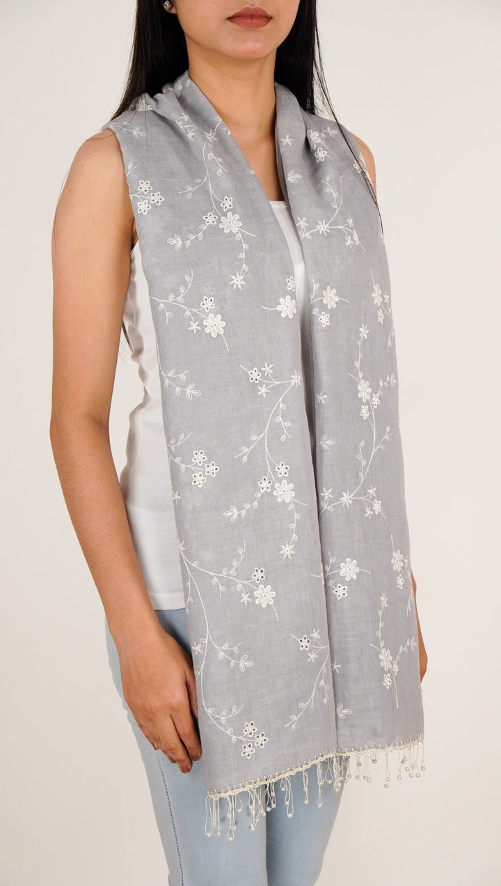 Mia Embroidered Stole on Light Mauve Gauged Linen