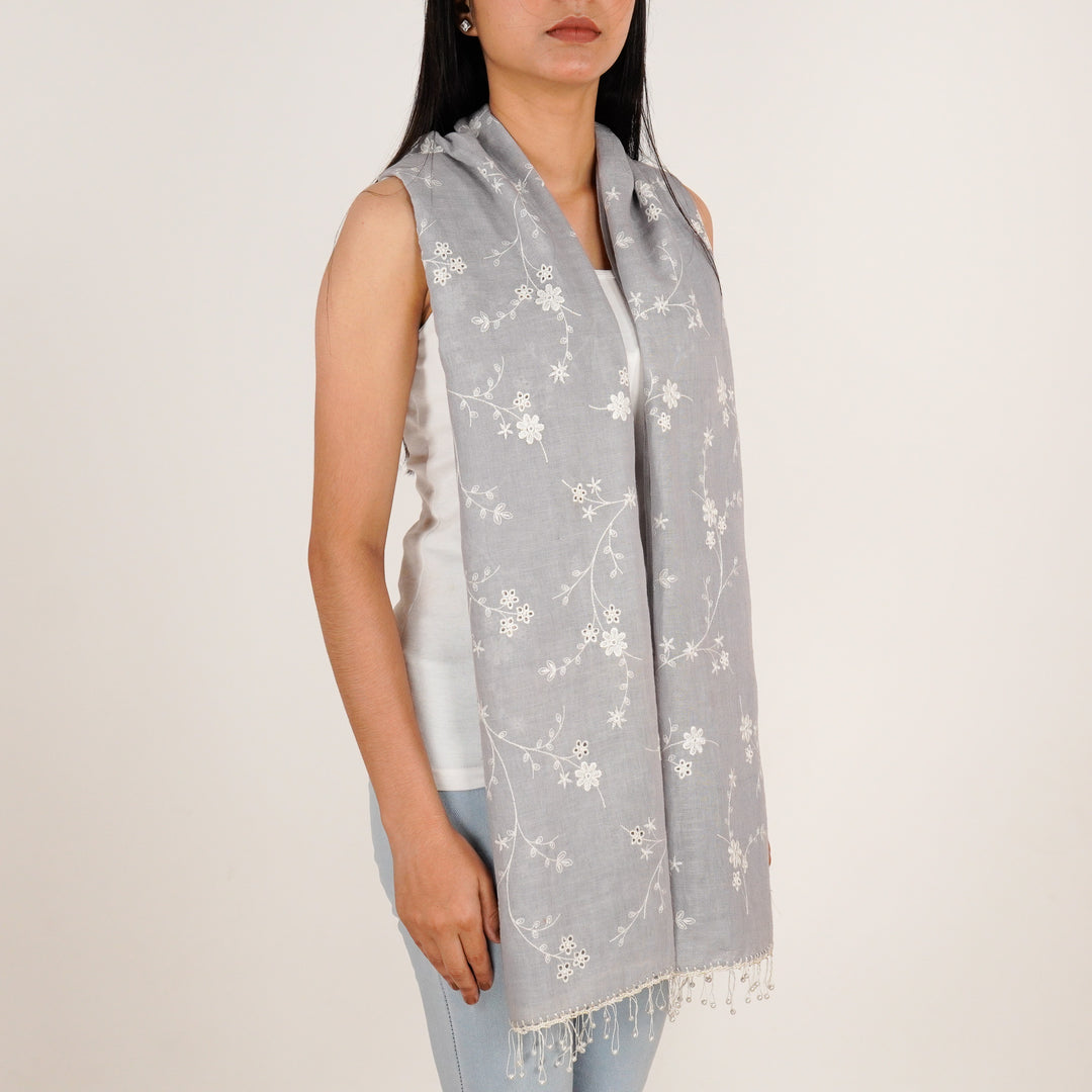 Mia Embroidered Stole on Light Mauve Gauged Linen