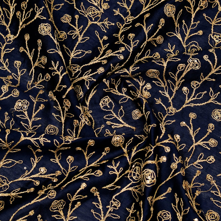 Aseel Jaal on Navy Blue Silk Chanderi Embroidered Fabric