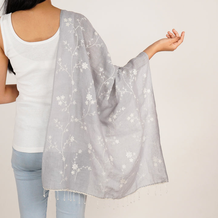 Mia Embroidered Stole on Light Mauve Gauged Linen