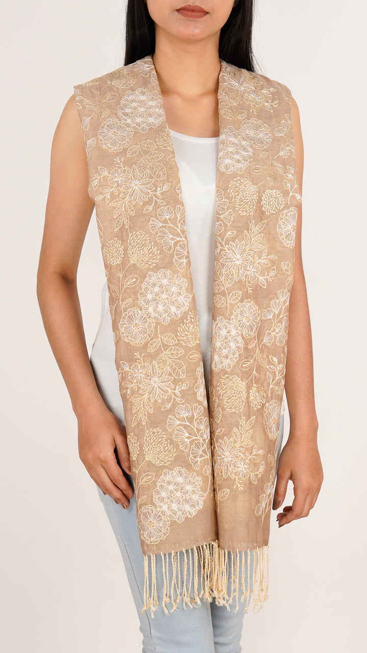 Ava Embroidered Stole on Chiku Cotton Silk