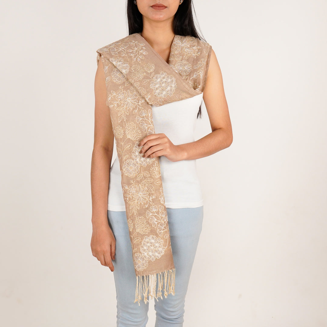 Ava Embroidered Stole on Chiku Cotton Silk