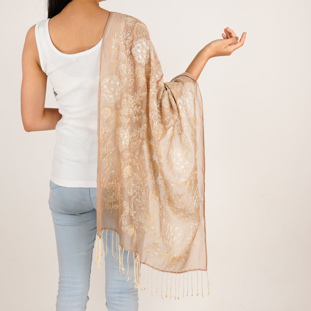 Ava Embroidered Stole on Chiku Cotton Silk