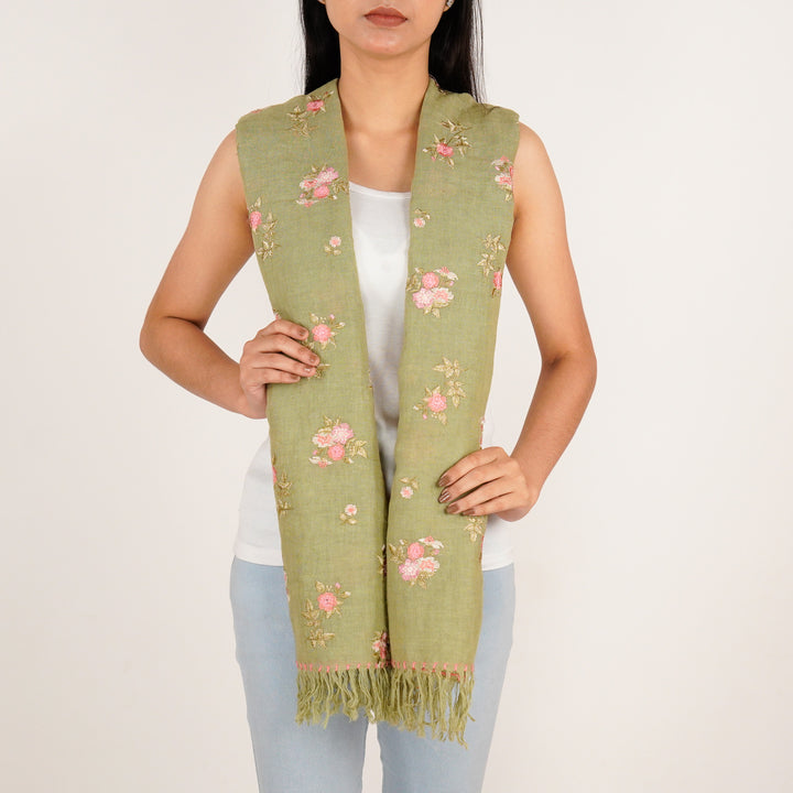 Ava Embroidered Stole on Olive Green Gauged Linen