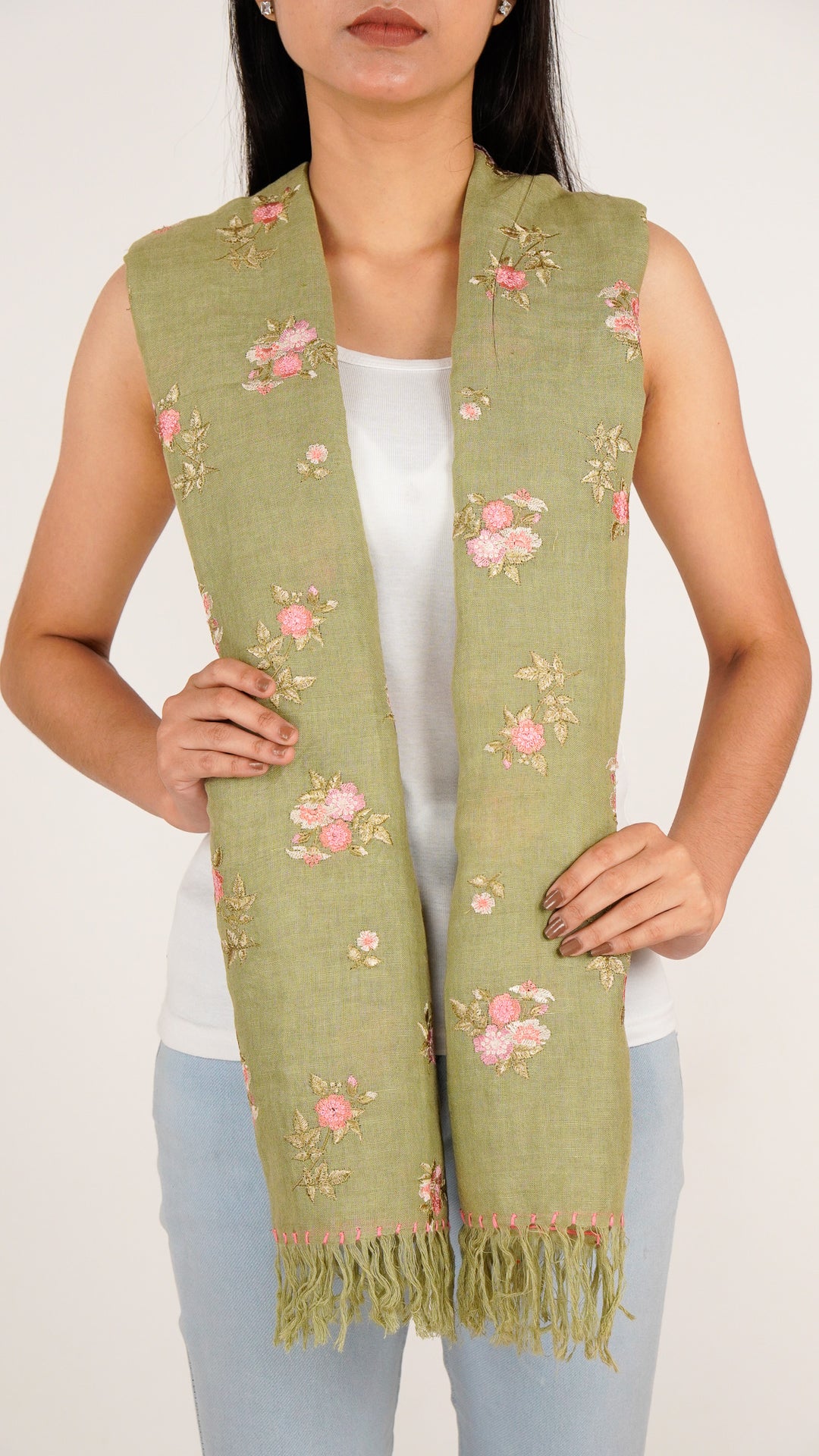 Ava Embroidered Stole on Olive Green Gauged Linen