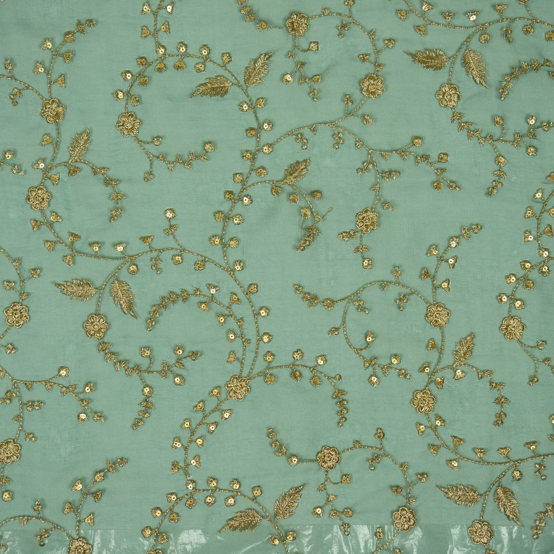 Bottle Green Silk Organza Atiya Jaal Embroidered Fabric