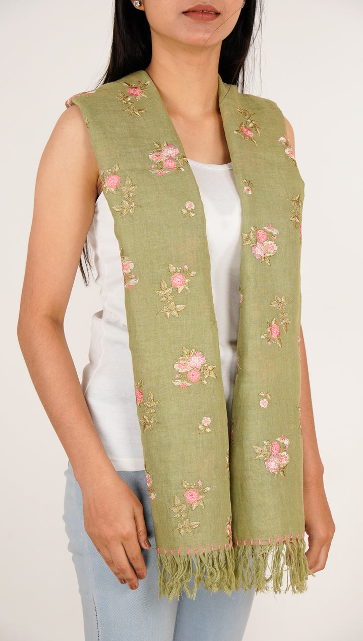 Ava Embroidered Stole on Olive Green Gauged Linen