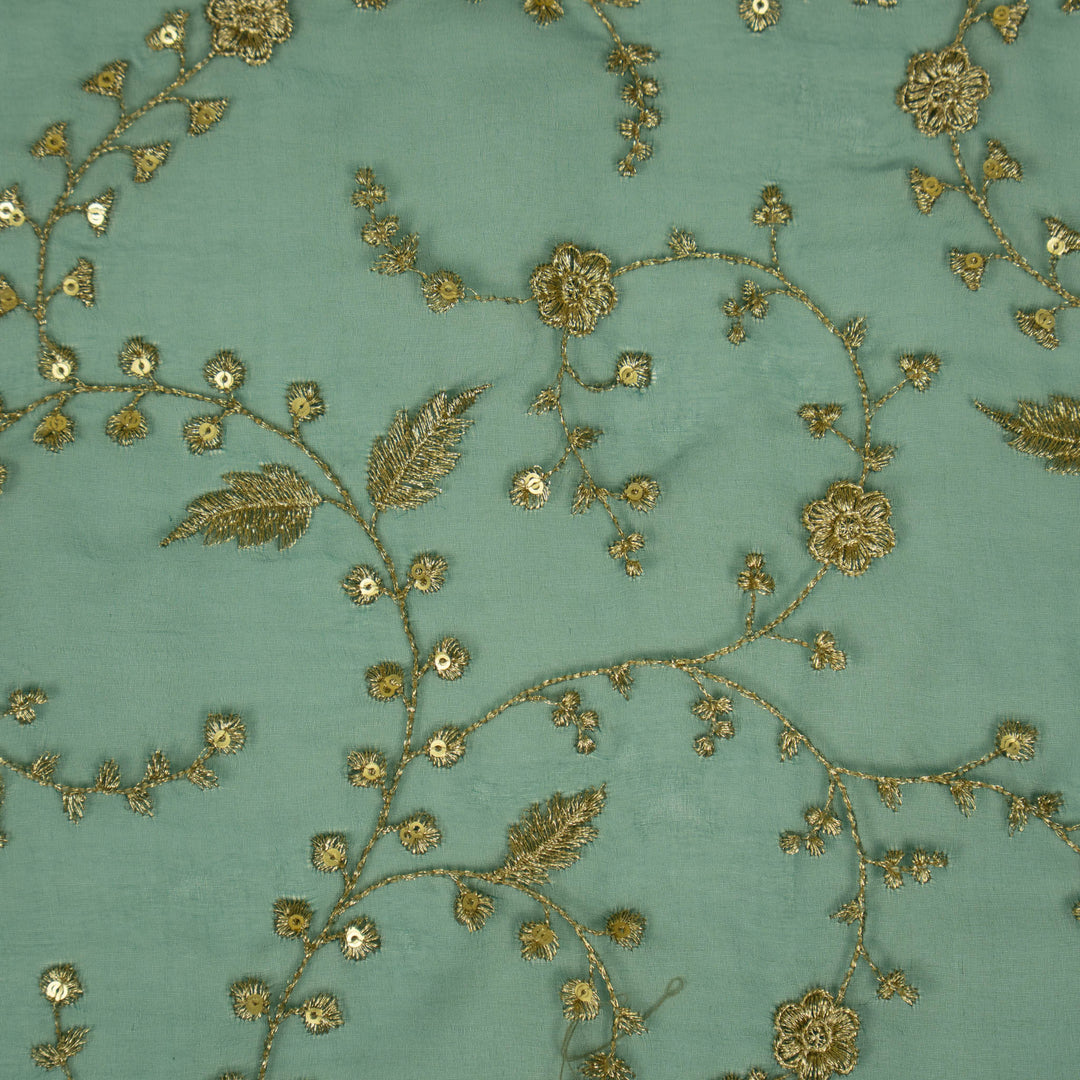 Bottle Green Silk Organza Atiya Jaal Embroidered Fabric