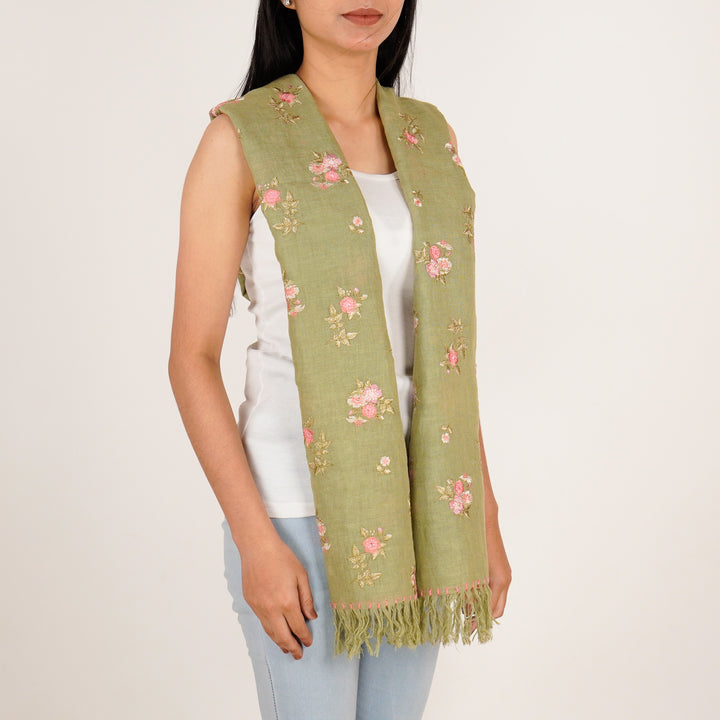 Ava Embroidered Stole on Olive Green Gauged Linen