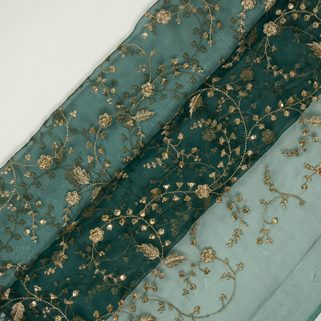 Bottle Green Silk Organza Atiya Jaal Embroidered Fabric