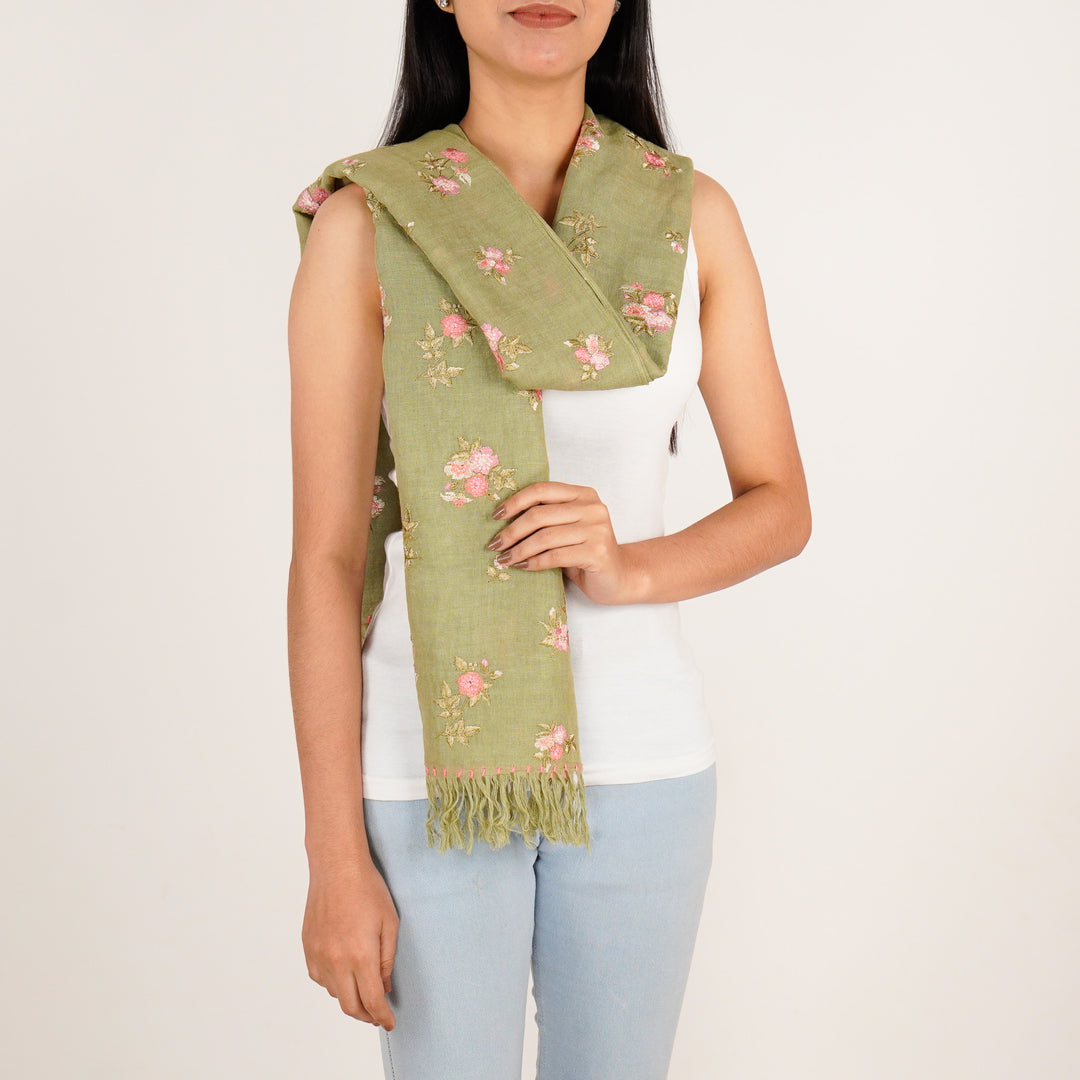 Ava Embroidered Stole on Olive Green Gauged Linen