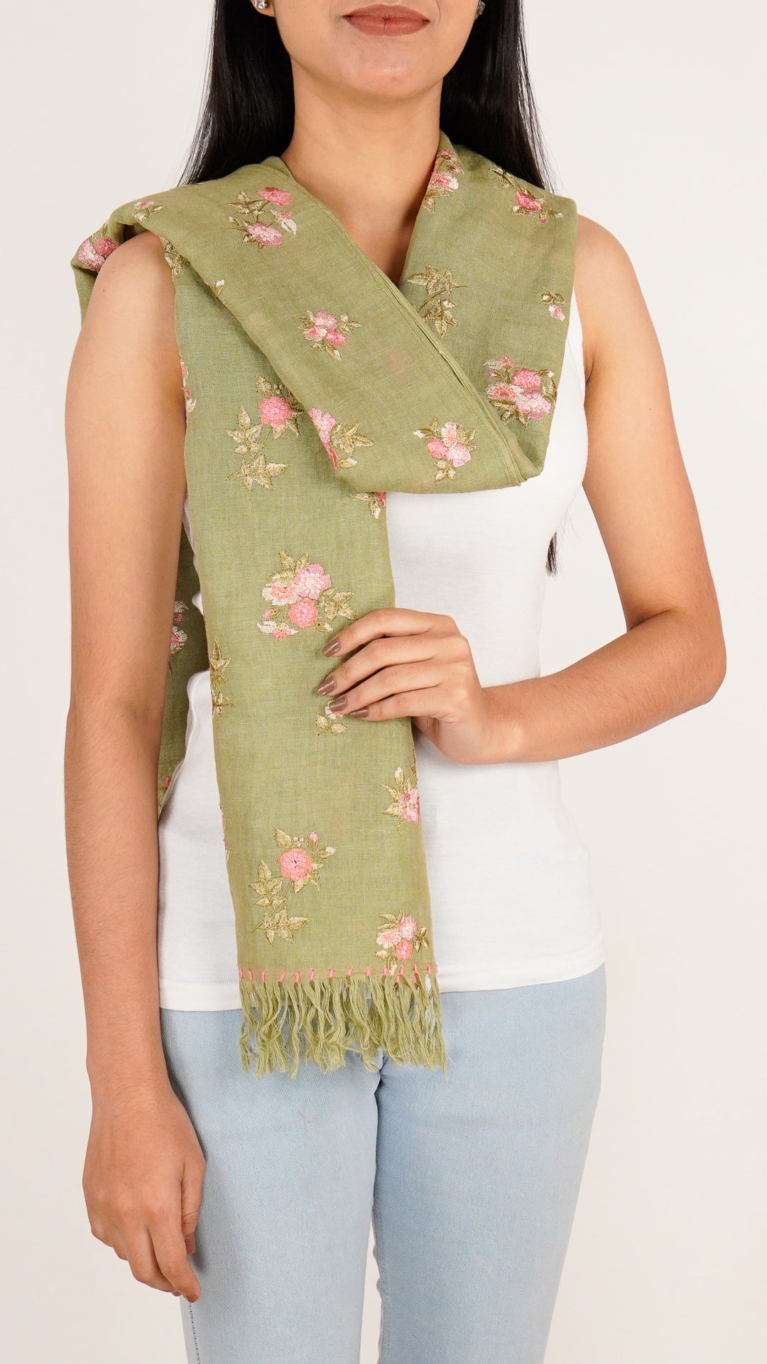 Ava Embroidered Stole on Olive Green Gauged Linen