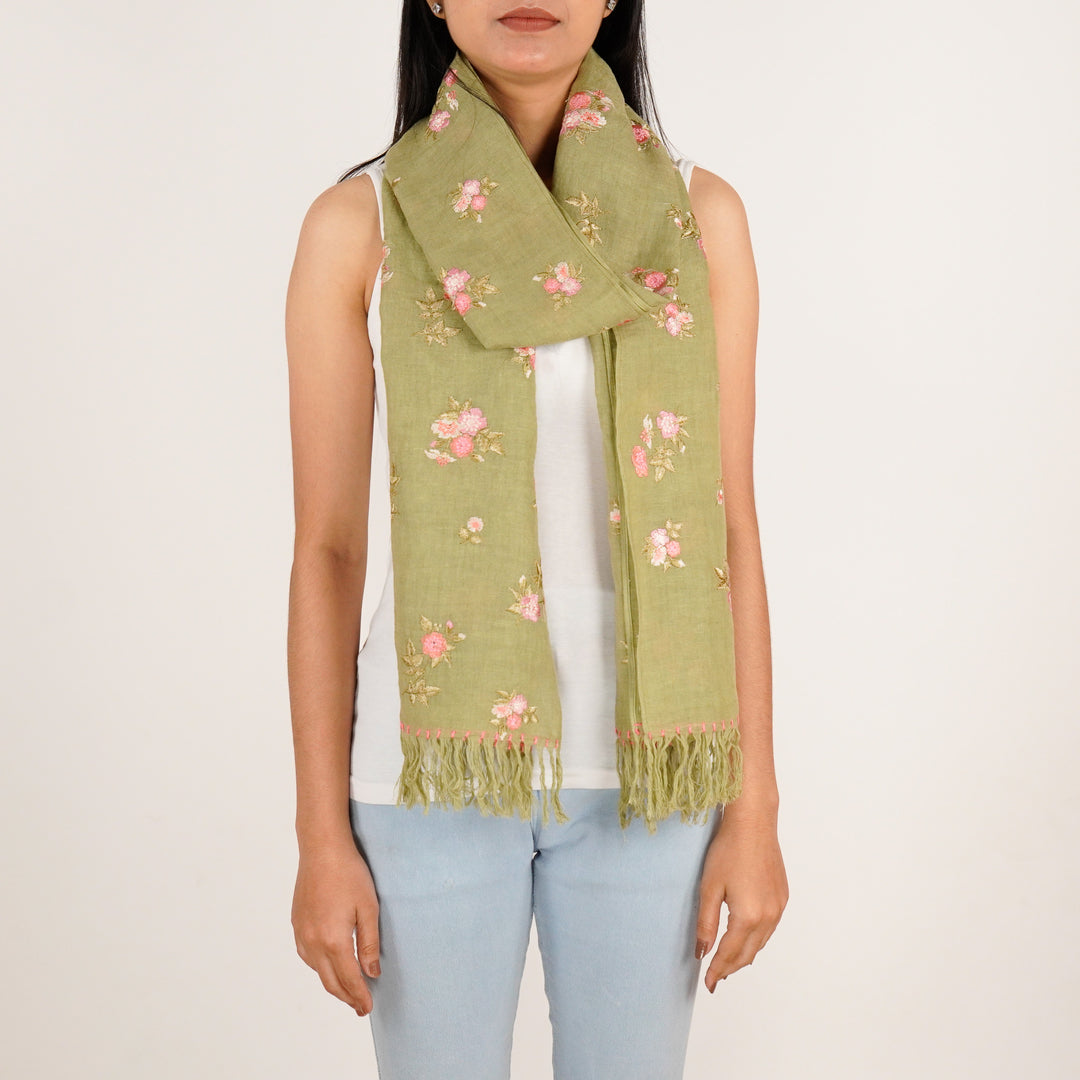 Ava Embroidered Stole on Olive Green Gauged Linen