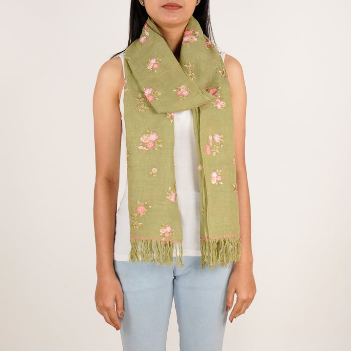 Ava Embroidered Stole on Olive Green Gauged Linen