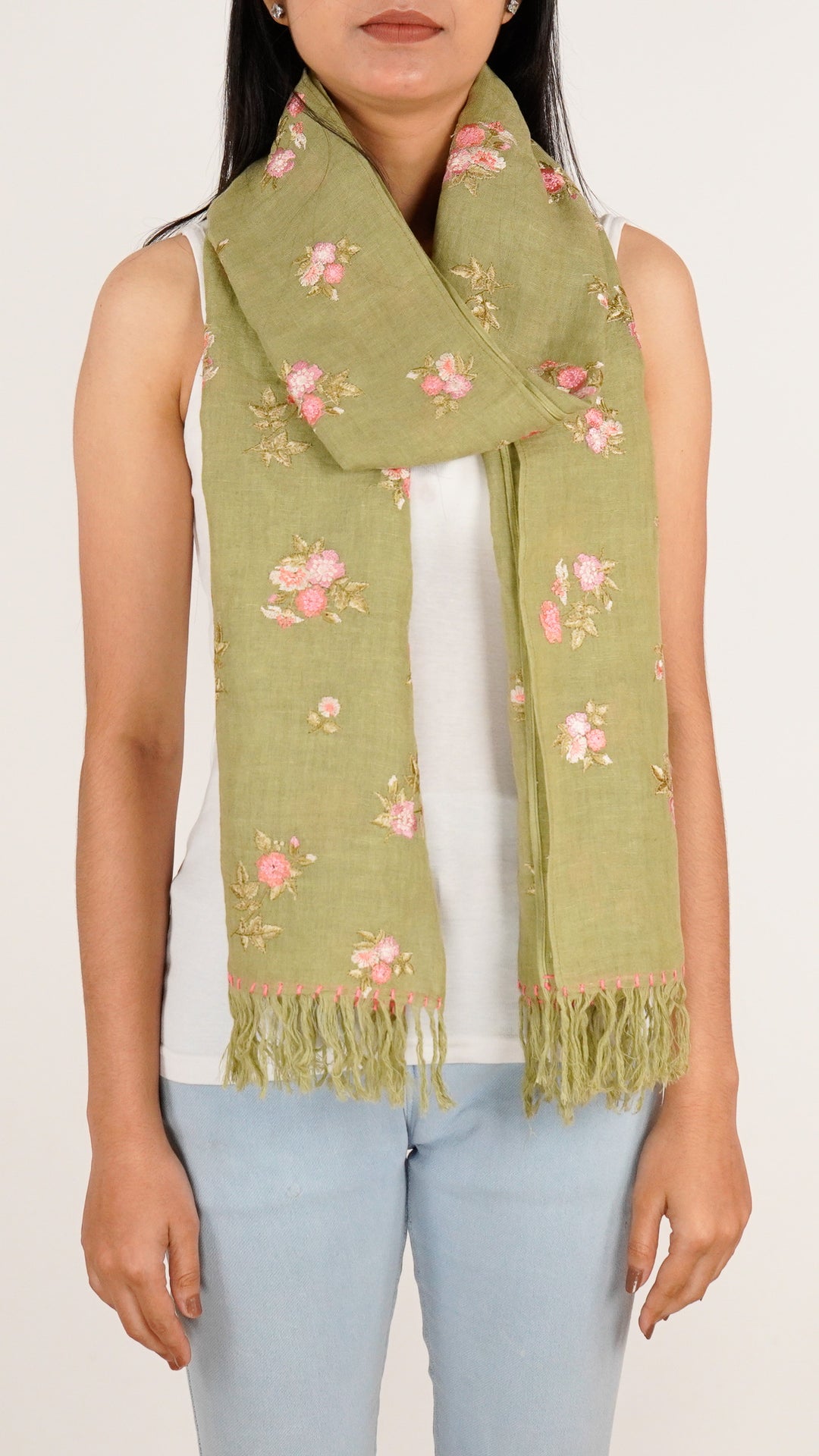 Ava Embroidered Stole on Olive Green Gauged Linen