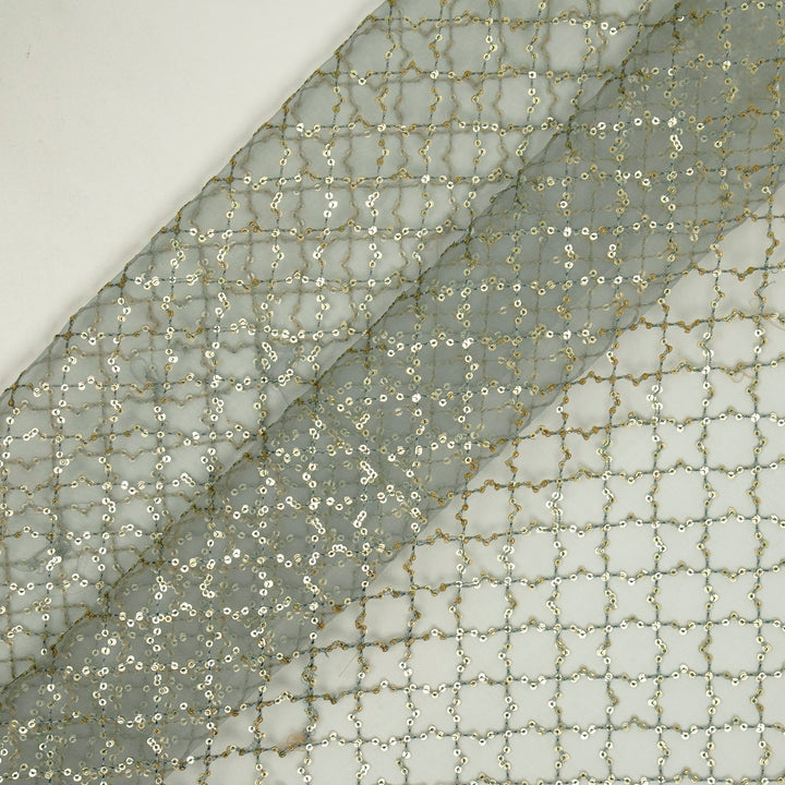Gehena Sequins Jaal on Light Grey Silk Organza Embroidered Fabric