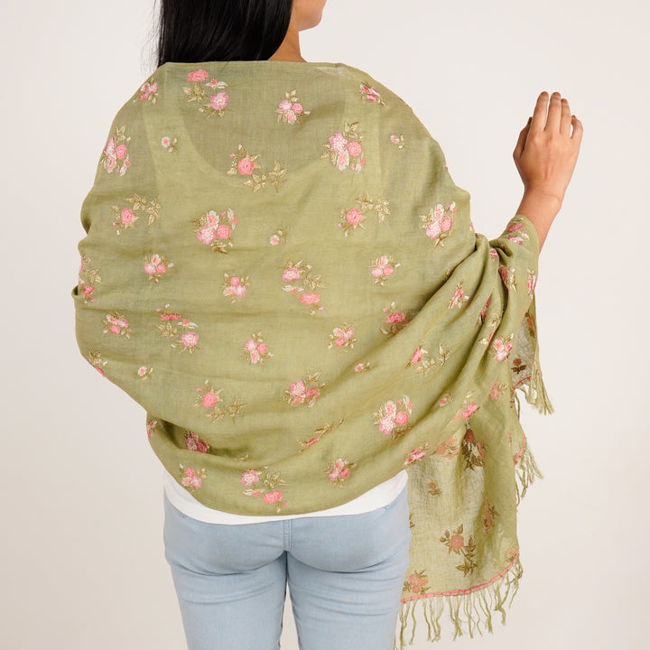 Ava Embroidered Stole on Olive Green Gauged Linen