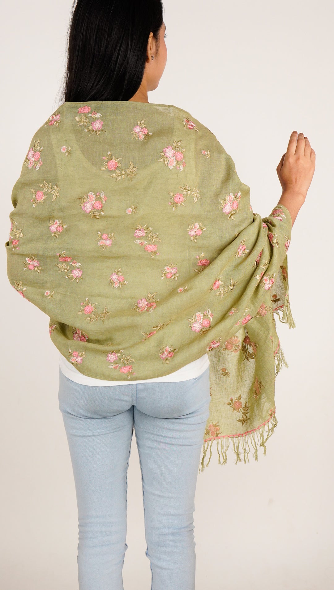 Ava Embroidered Stole on Olive Green Gauged Linen