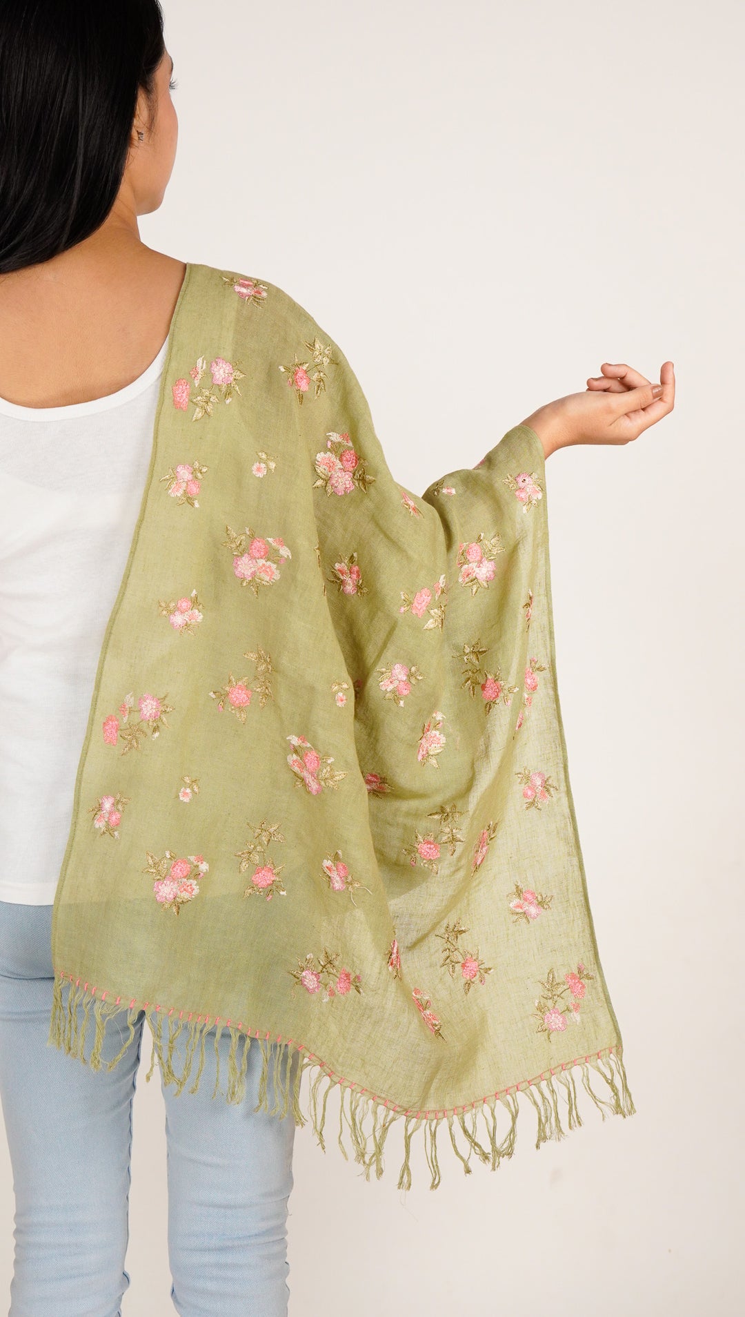 Ava Embroidered Stole on Olive Green Gauged Linen