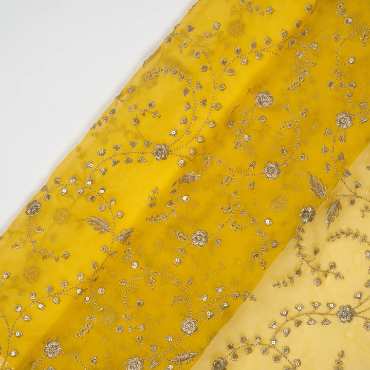 Gold Silk Organza Atiya Jaal Embroidered Fabric