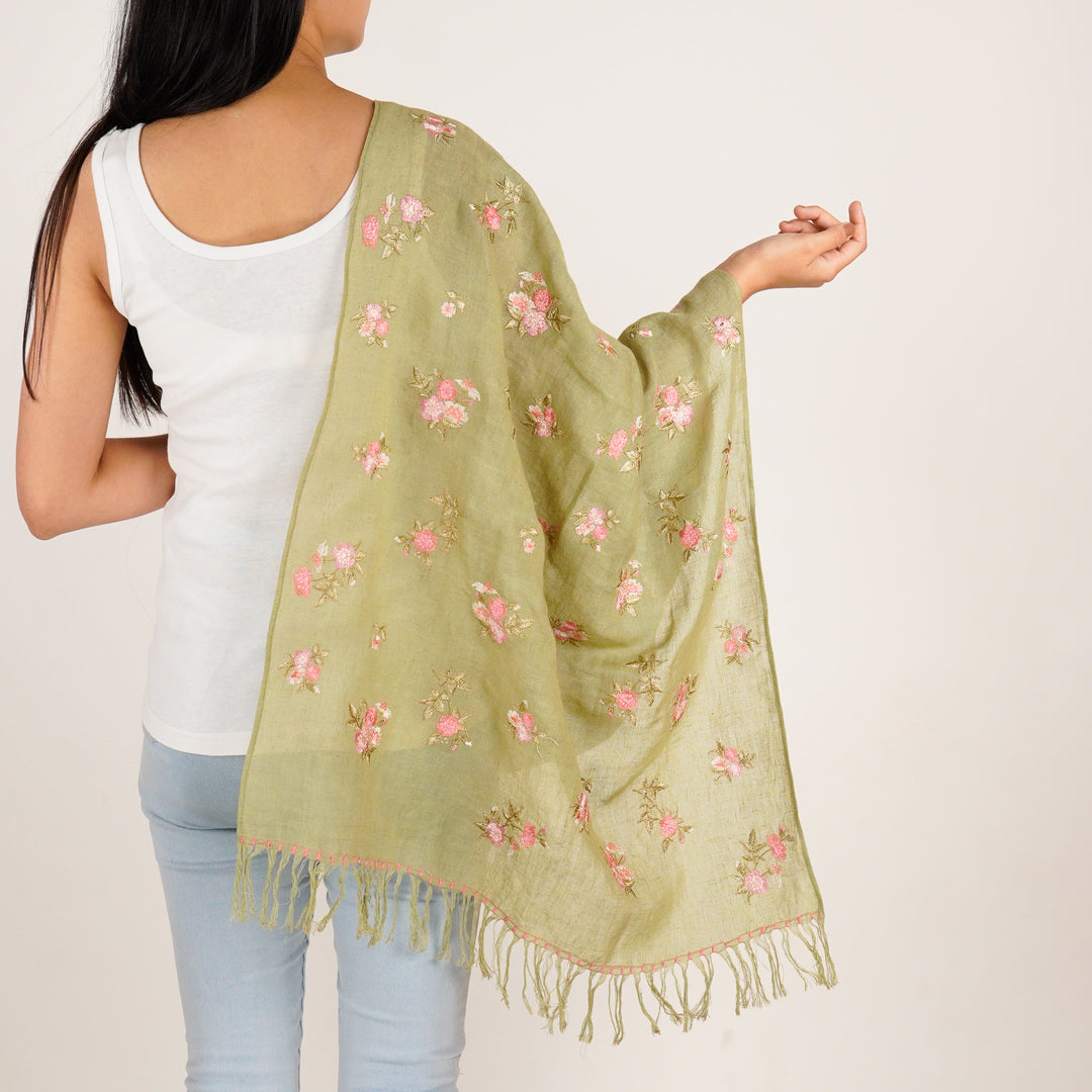 Ava Embroidered Stole on Olive Green Gauged Linen