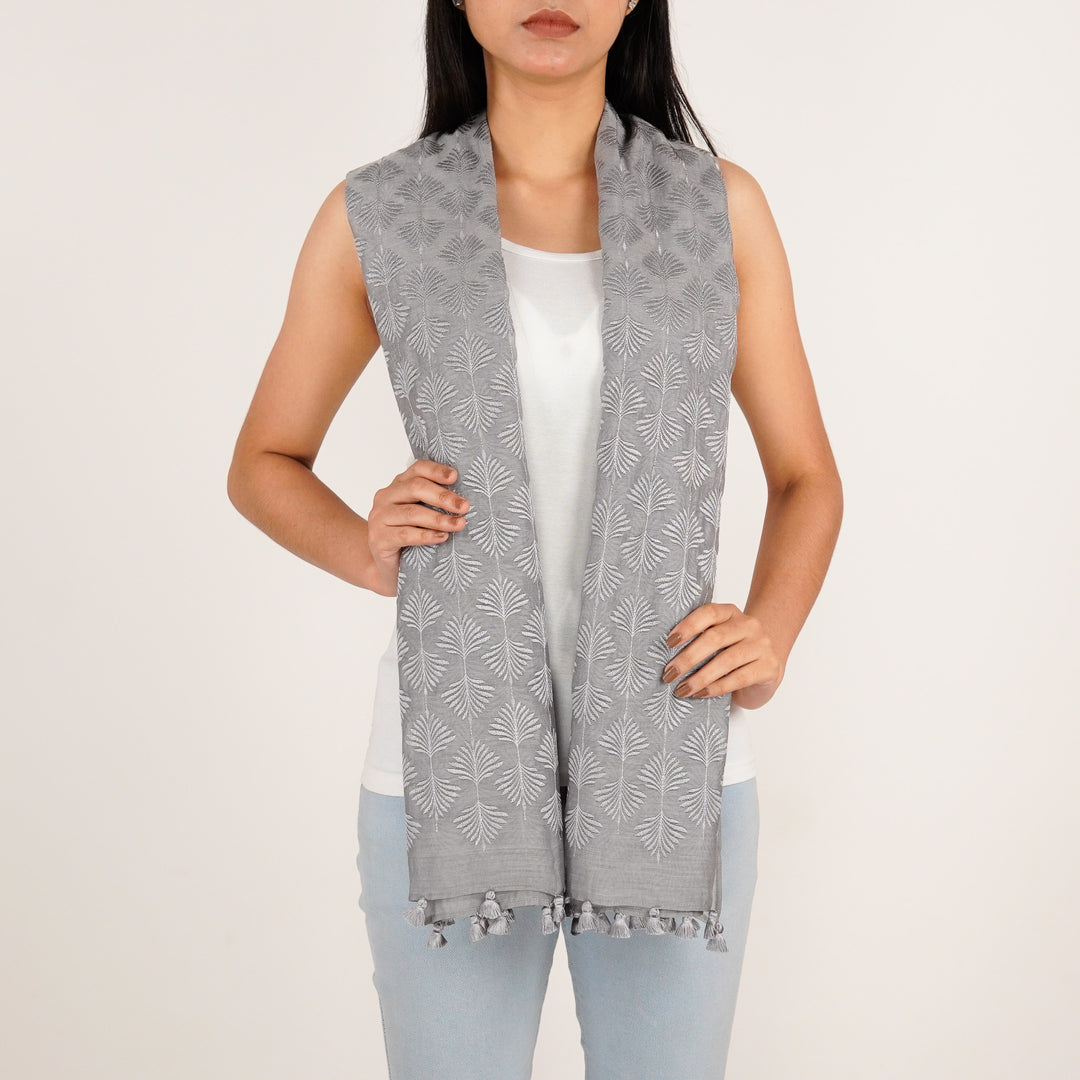 Zoey Embroidered Stole on Steel Grey Cotton Silk