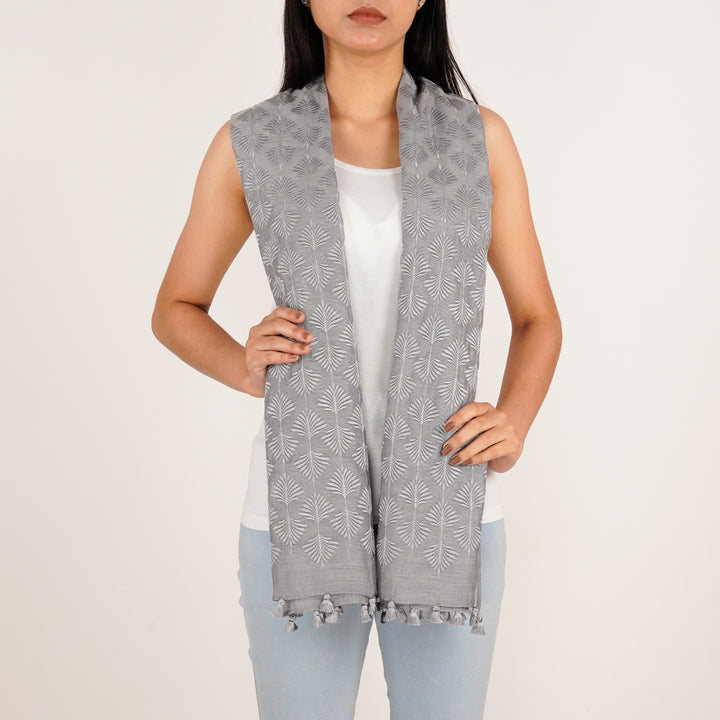 Zoey Embroidered Stole on Steel Grey Cotton Silk