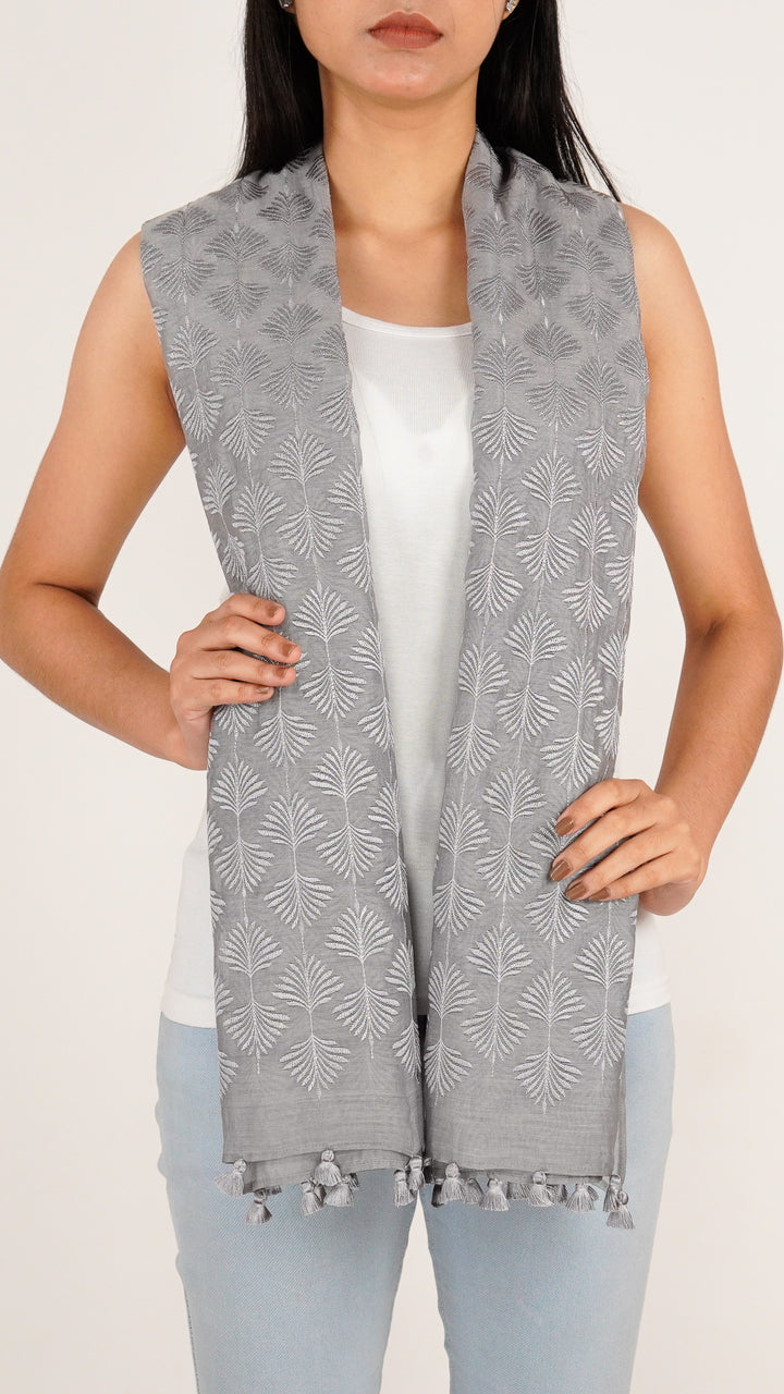 Zoey Embroidered Stole on Steel Grey Cotton Silk