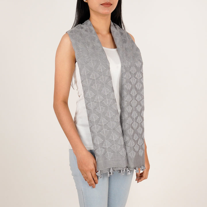 Zoey Embroidered Stole on Steel Grey Cotton Silk