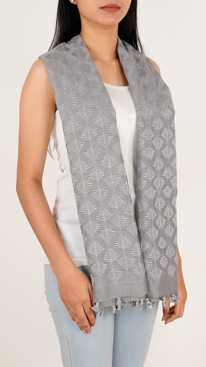 Zoey Embroidered Stole on Steel Grey Cotton Silk