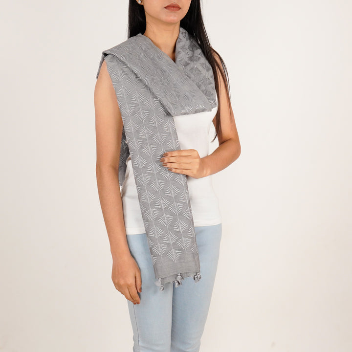 Zoey Embroidered Stole on Steel Grey Cotton Silk